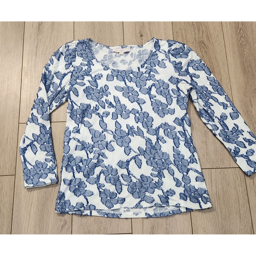 LOFT Womens  Textured Floral 3/4 Sleeve Knit Top Blue White Size Small‎